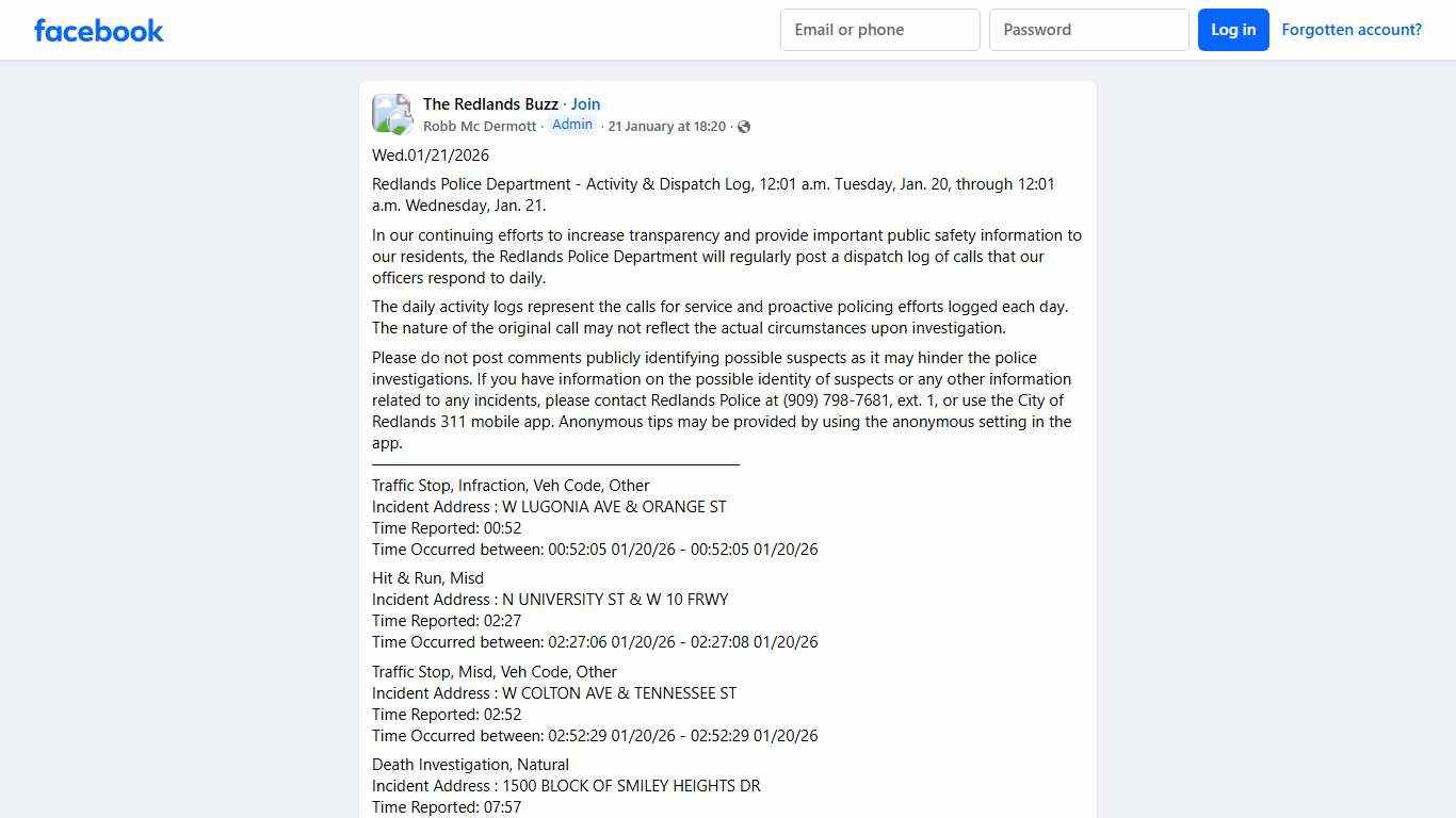 The Redlands Buzz Wed.01/21/2026 Facebook